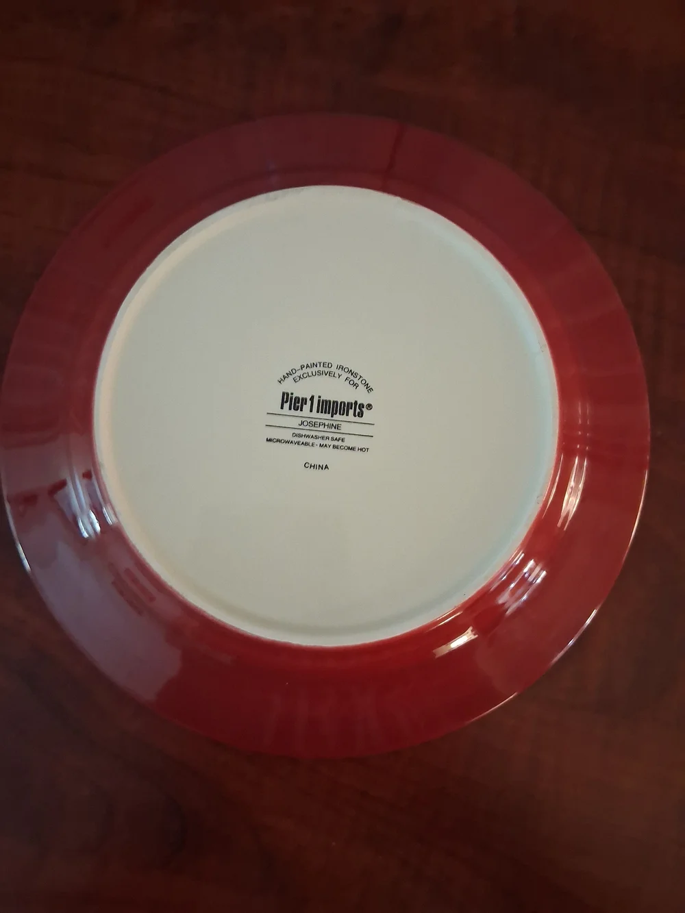 Pier 1 Imports Hand-Painted Ironstone Plate with Red Rim